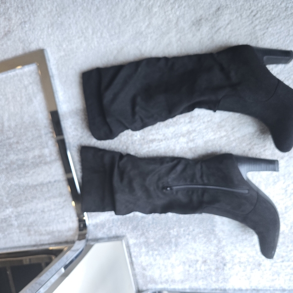 Black faux suede microfiber tall boots. - Picture 2 of 9